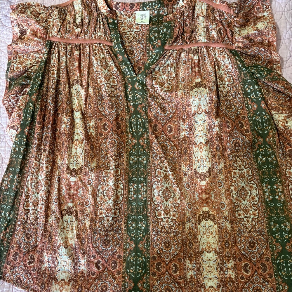 Brown and Green Ruffled Cap Sleeve Blouse